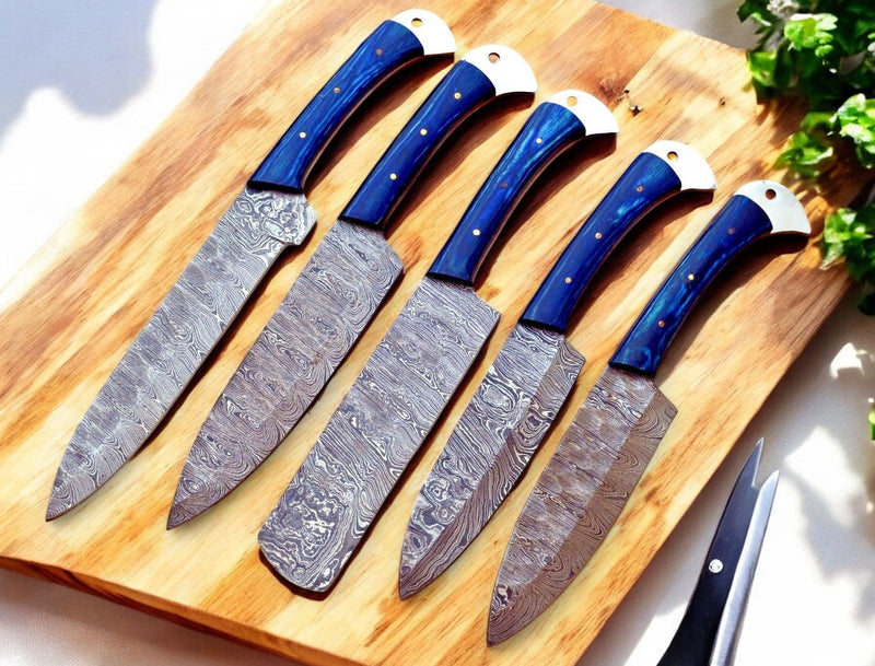Handmade Damascus Kitchen Knives Set with Exotic Wood