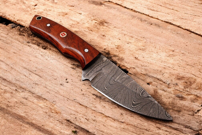 Custom Handmade Damascus Skinning Knife with Wood Handle