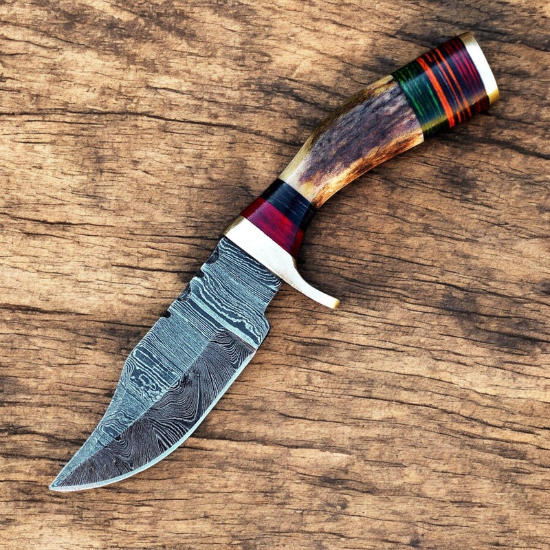 Handmade Damascus Hunting Knife with Antler Horn Handle