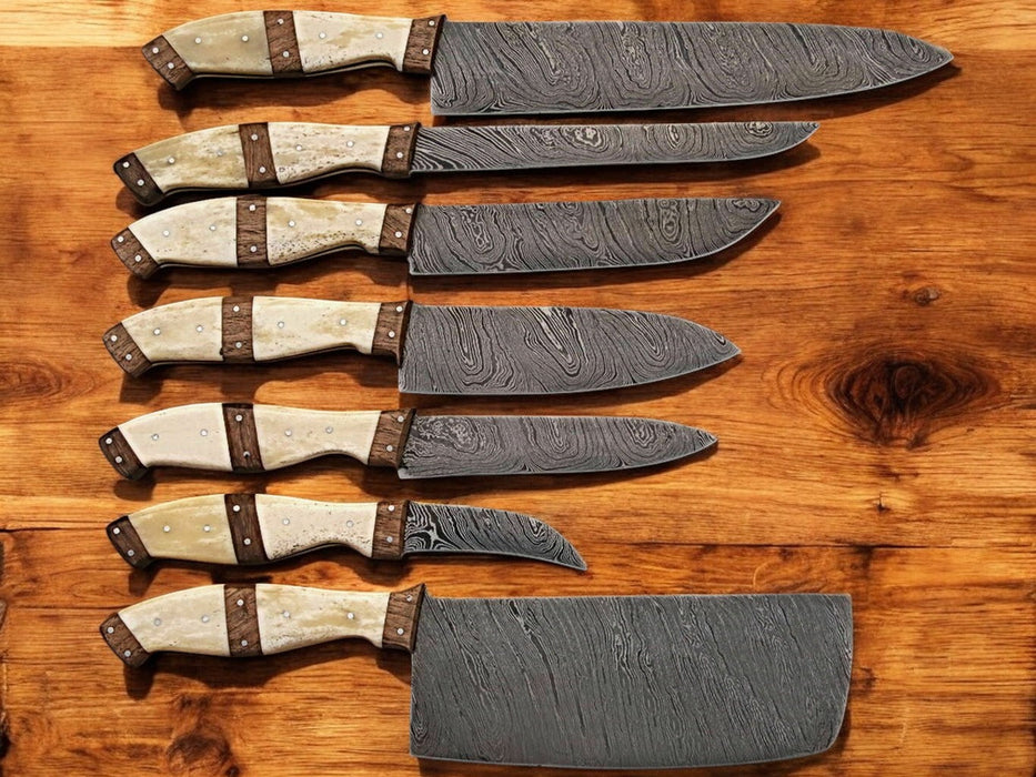 Handmade Damascus Kitchen Knives Set – Bone & Rosewood