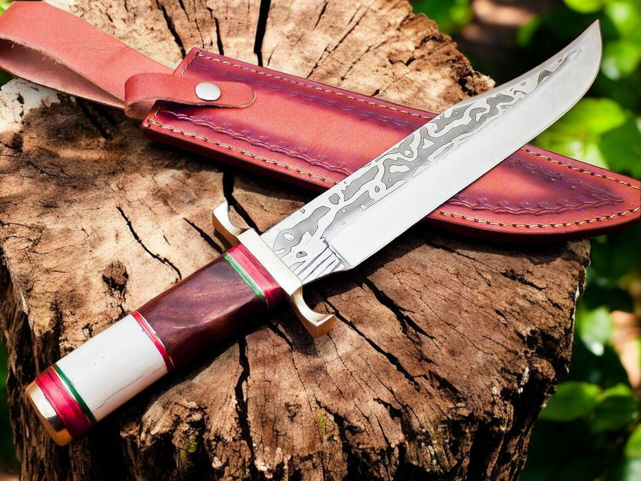 Handmade Damascus Bowie Knife – Bone & Rosewood Handle