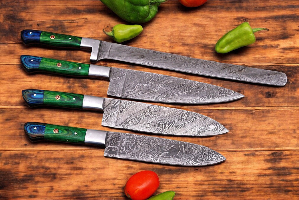 Handmade Damascus Kitchen Knives Set with Leather Roll