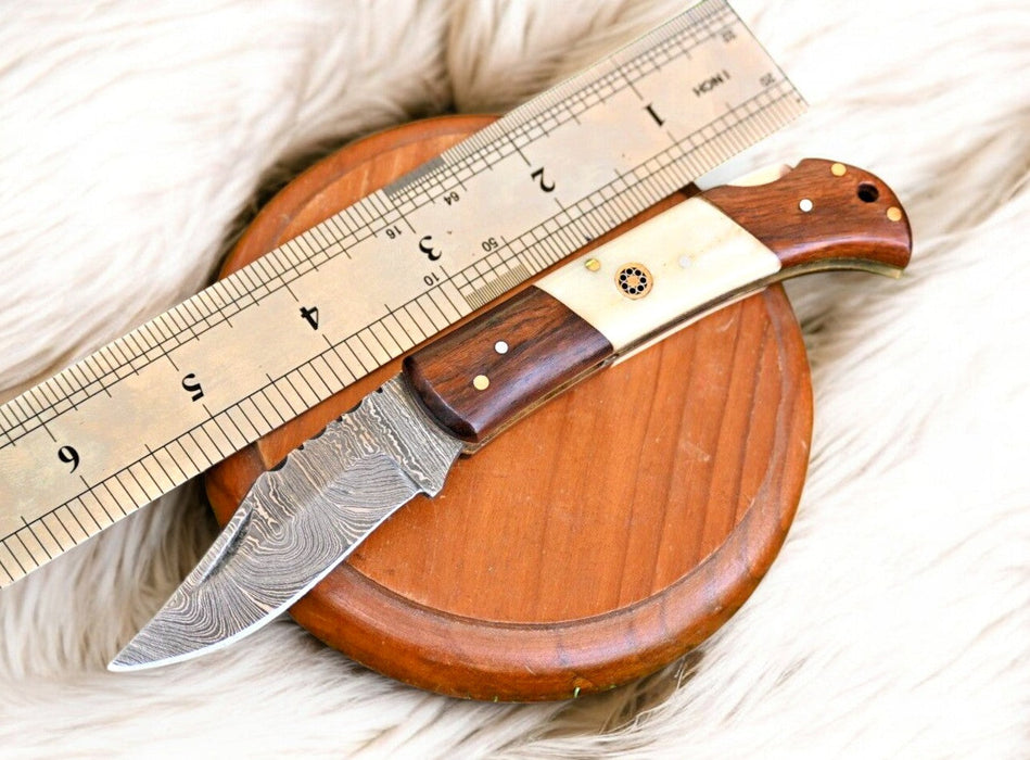 Handmade Damascus Steel Pocket Knife – Rosewood & Bone