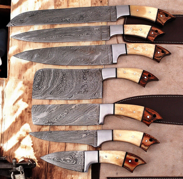 Handmade Damascus Kitchen Knives Set with Leather Roll