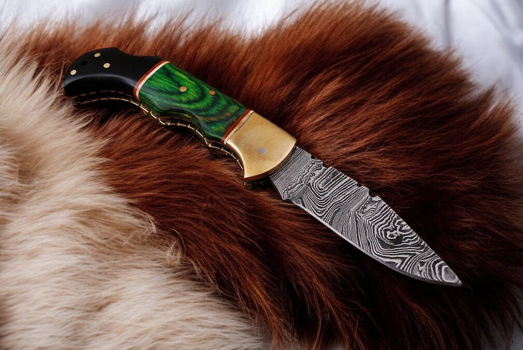 Custom Handmade Damascus Pocket Knife with Green Wood Handle