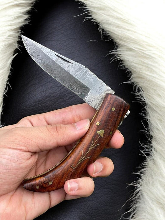 Handmade Damascus Steel Pocket Knife with Rosewood Handle