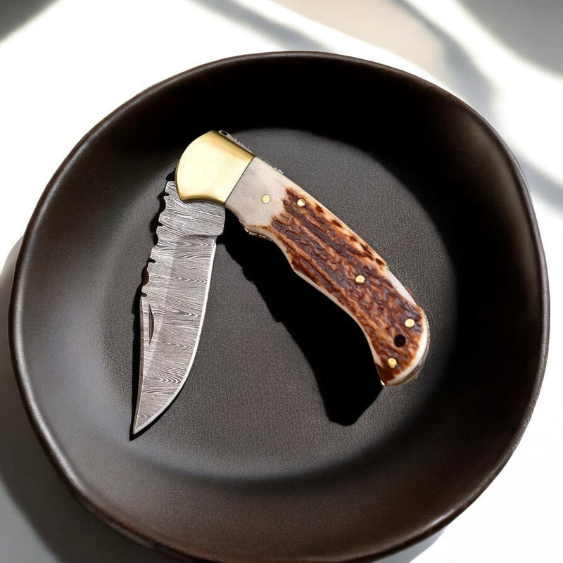 Custom Handmade Damascus Steel Folding Knife with Antler Horn Handle