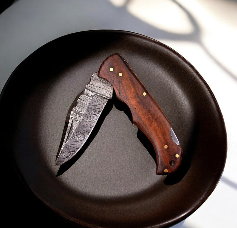Rosewood Handle 3" Damascus Pocket Knife with Case