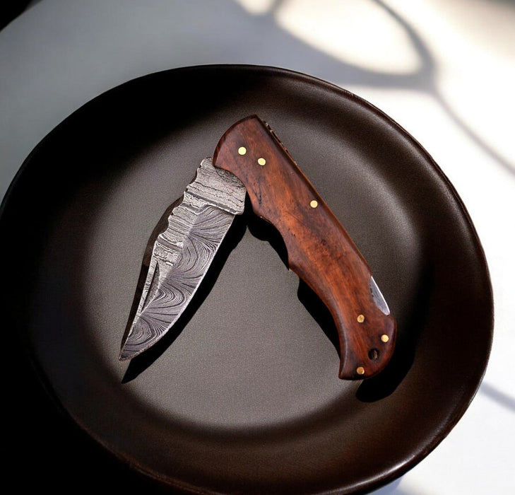 Rosewood Handle 3" Damascus Pocket Knife with Case