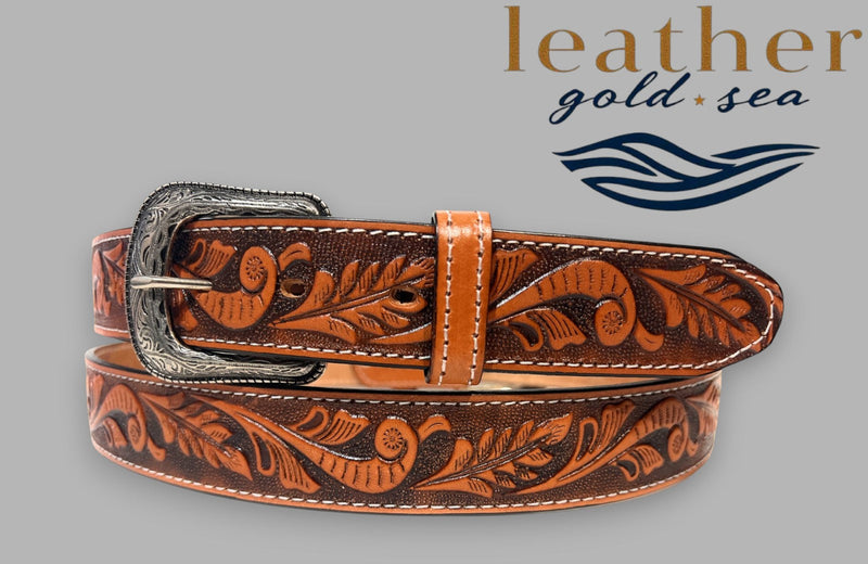 Handmade Tooled Leather Belt with Western Buckle
