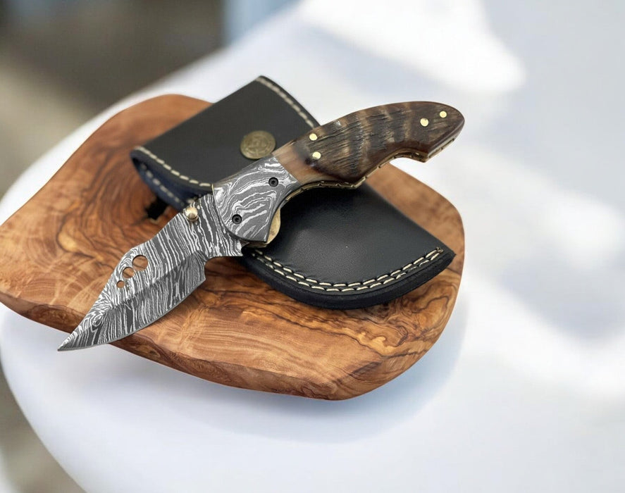 Ram Horn Damascus Pocket Knife – 3" Blade with Leather Case