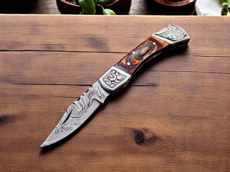 Damascus Folding Knife with Exotic Wood Handle
