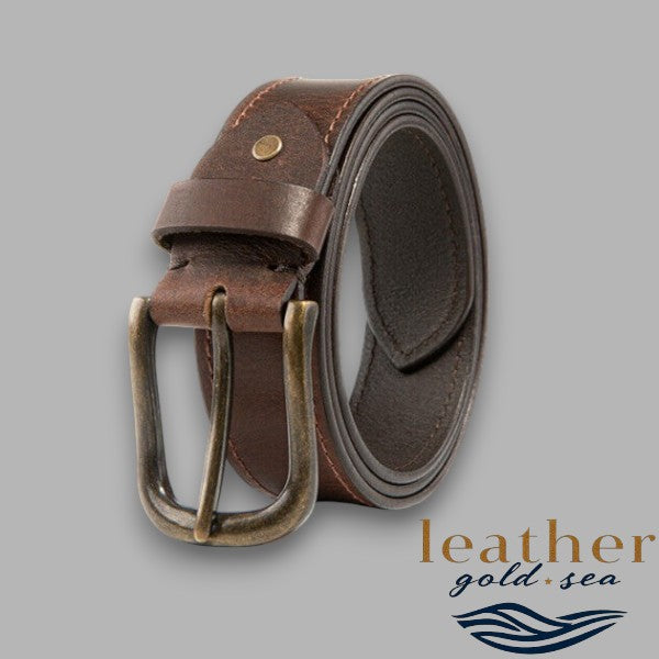 Brown Leather Belt brass buckle - 32-54"