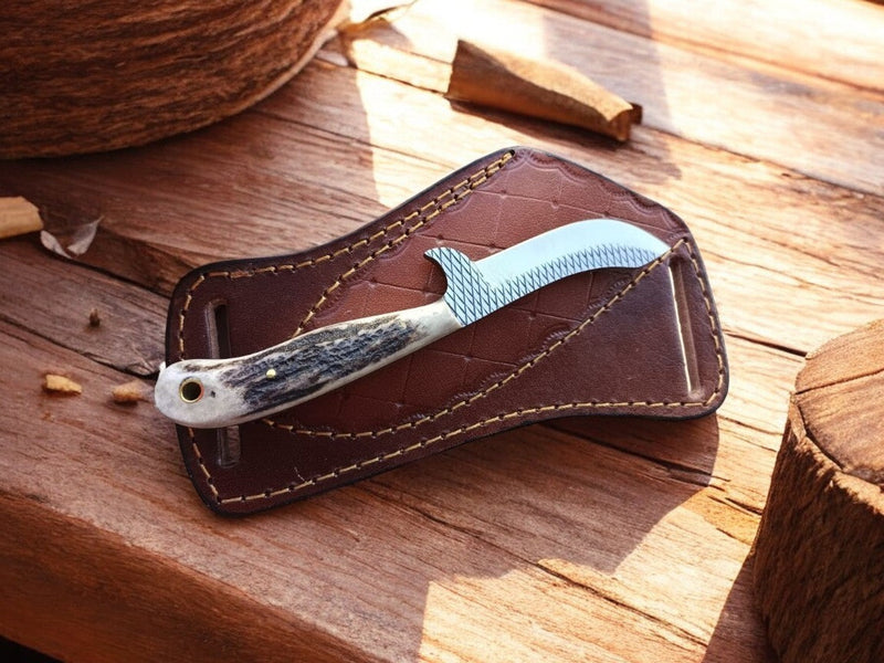 Handmade Belt Knife with Antler Handle & Rasp Steel Blade