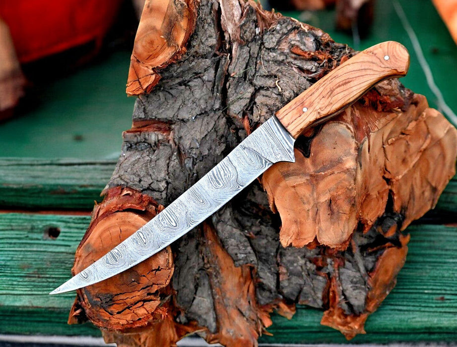 Handmade Damascus Fillet Knife – 12.6" Olivewood Handle