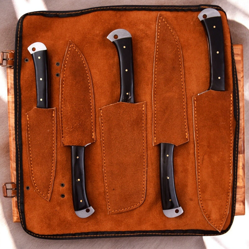 Handmade Damascus Kitchen Knives Set – Buffalo Horn Handle