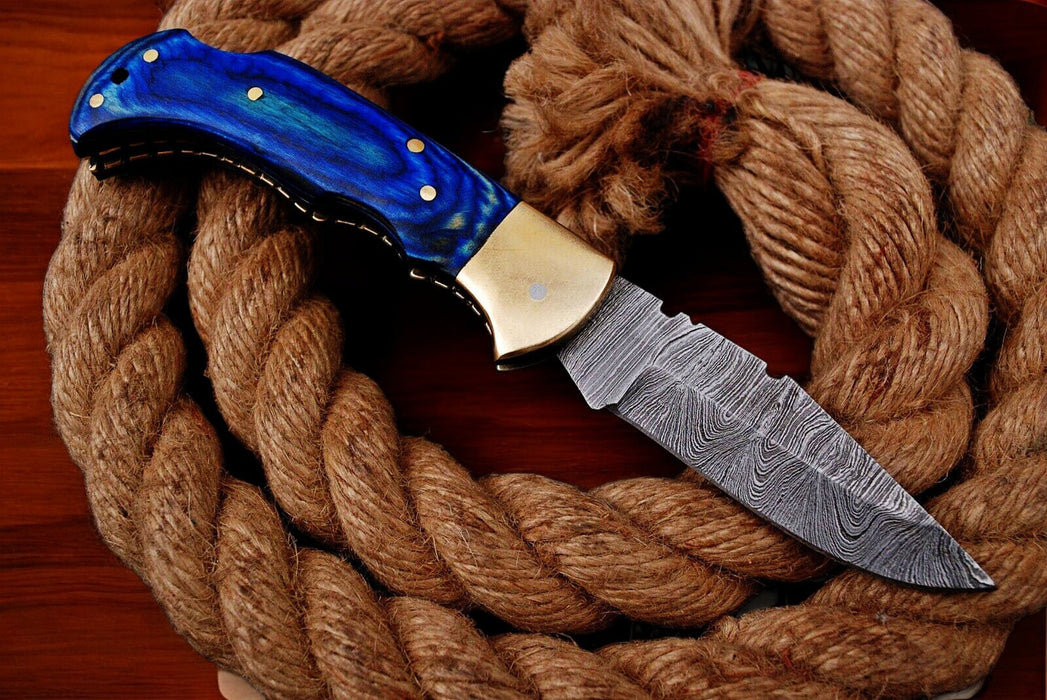 Custom Handmade Damascus Pocket Knife – Blue Exotic Wood