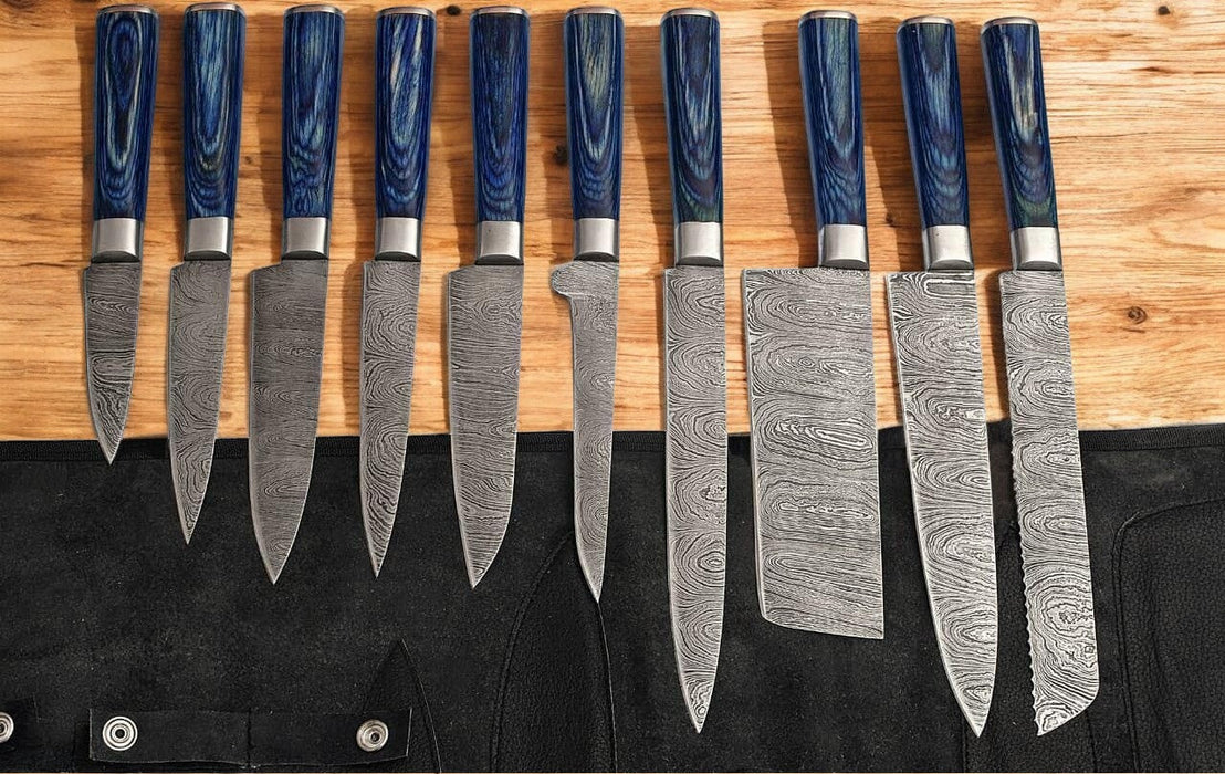 Handmade Damascus Steel Kitchen Knives Set with Leather Roll