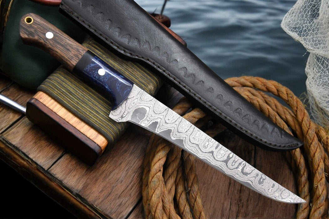 Handmade Damascus Fillet Knife – Olivewood & Resin Handle