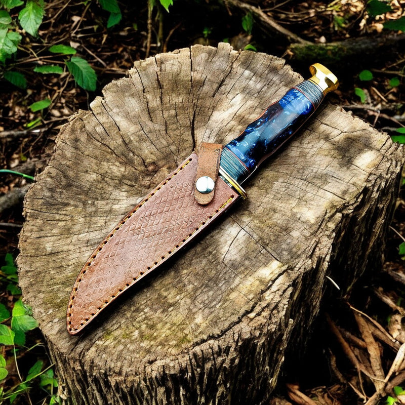 Custom Handmade Bowie Knife - 12" Damascus Steel Blade with Leather Sheath