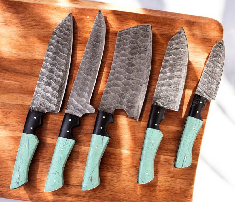 Handmade Damascus Kitchen Knives Set with Epoxy Resin Handle