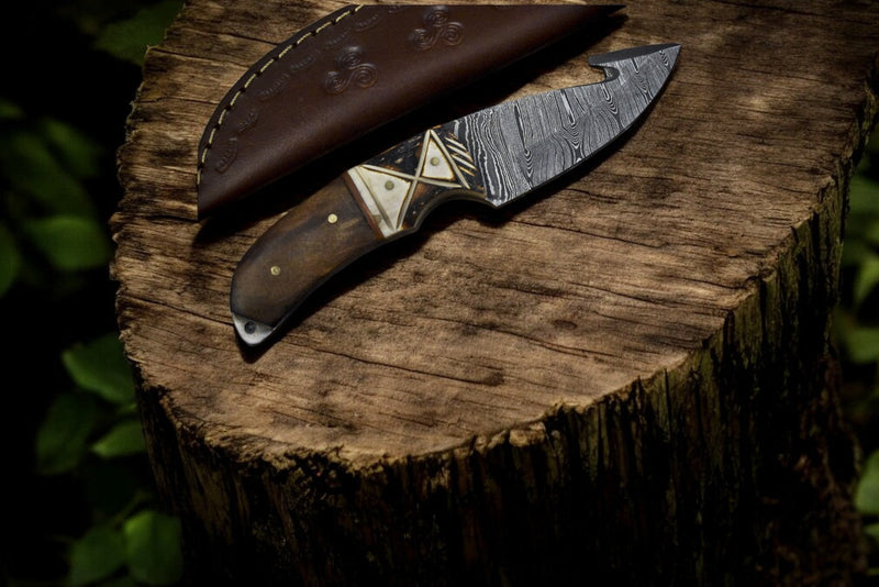 Custom Handmade Damascus Steel Skinning Knife with Rosewood & Bone Handle