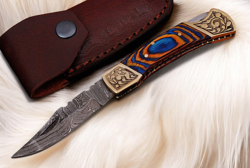 Handmade Damascus Folding Knife – Exotic Wood Handle