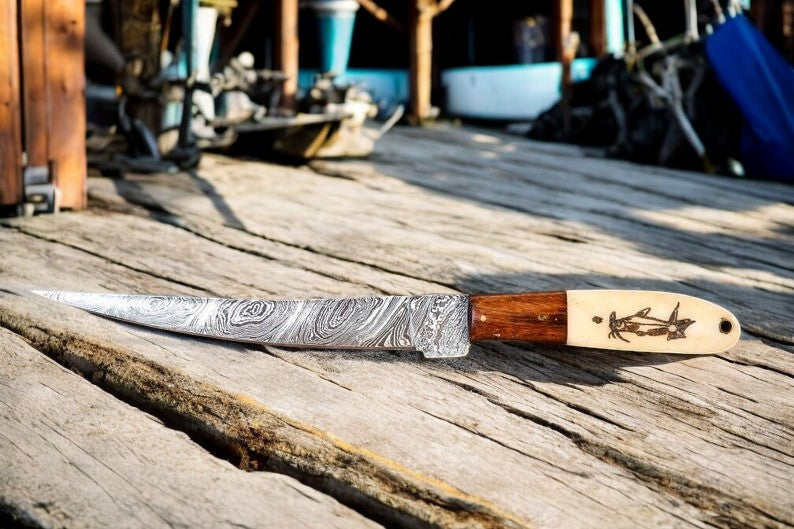 Custom Handmade Damascus Fillet Knife | 13" with Bone & Wood Handle