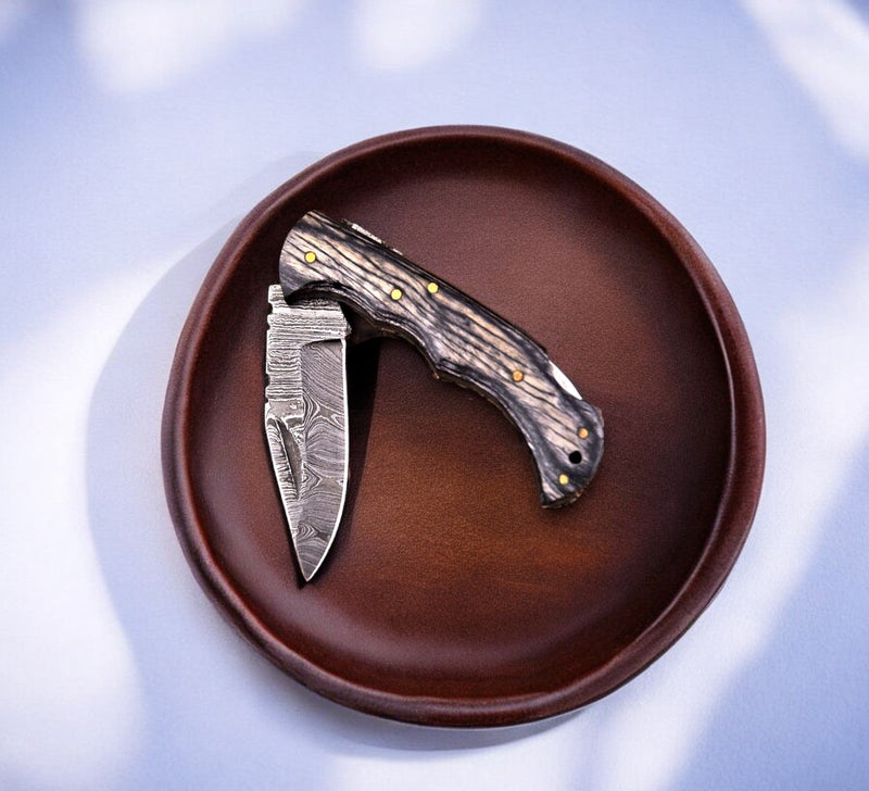Handmade Damascus Steel Pocket Knife with Wood Handle
