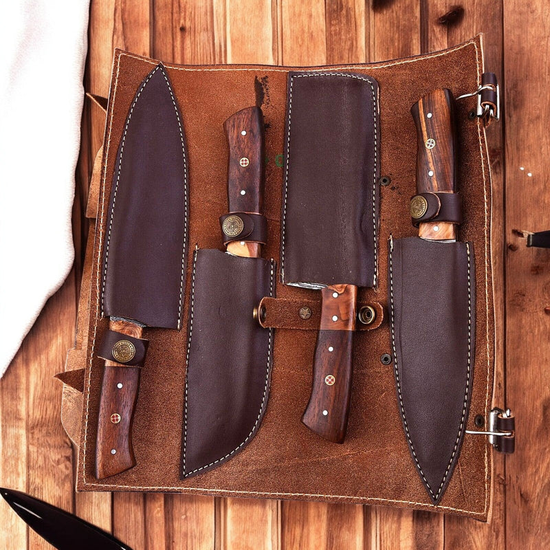 Handmade Damascus Kitchen Knives Set – Olive & Rosewood