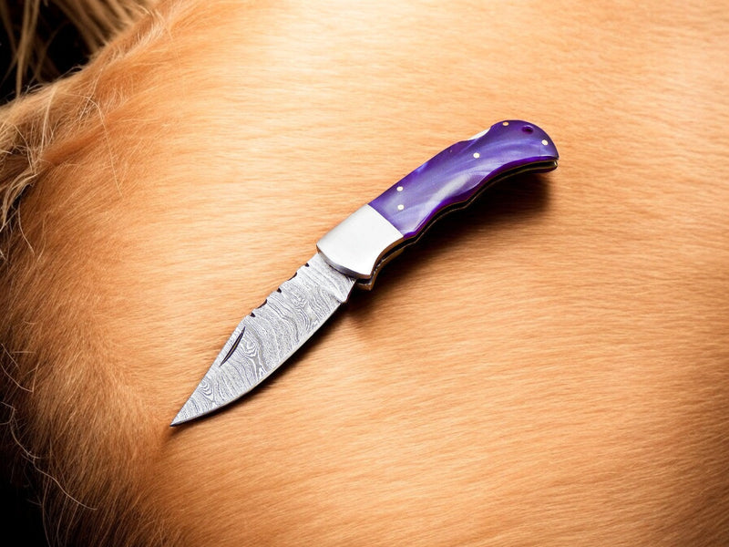 Custom Handmade Damascus Pocket Knife – Colored Bone Handle