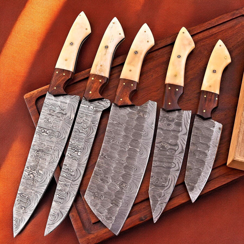 Handmade Damascus Kitchen Knives Set – Bone & Rosewood