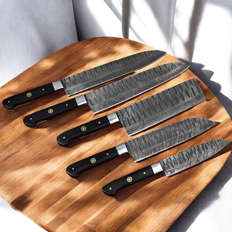 Handmade Damascus Kitchen Knives Set – Buffalo Horn Handle