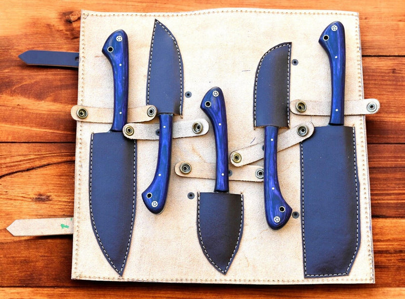 Handmade Damascus Kitchen Knives Set with Exotic Wood Handles