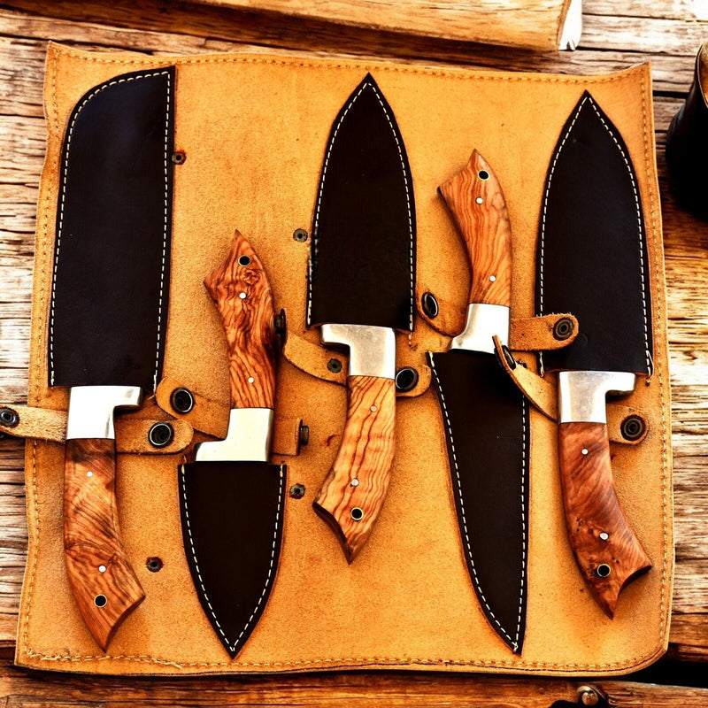 Handmade Damascus Kitchen Knives Set with Olivewood Handle