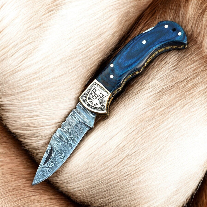 Handmade Damascus Folding Knife – Exotic Wood & Brass