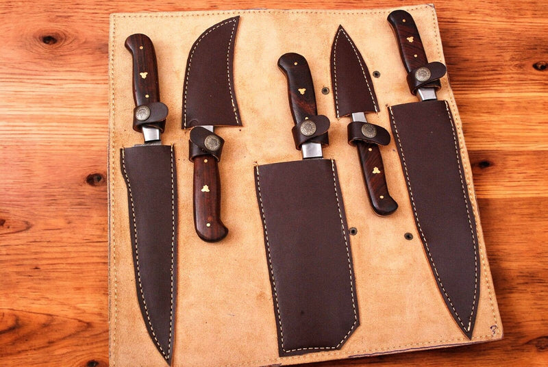 Handmade Damascus Kitchen Knives Set with Leather Roll