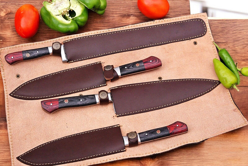 Handmade Damascus Kitchen Knives Set with Exotic Wood Handles