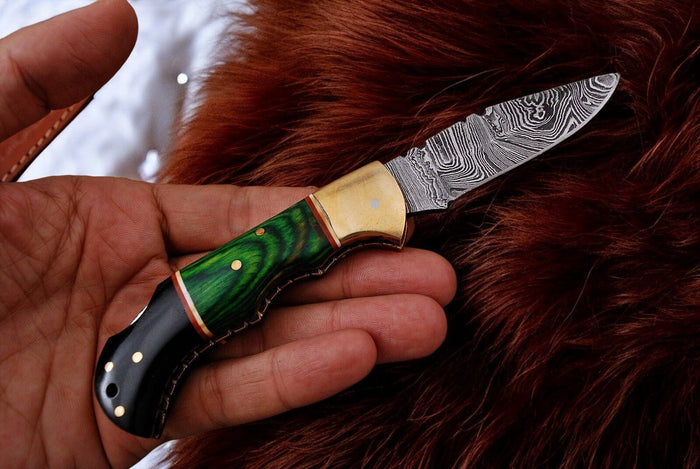Custom Handmade Damascus Pocket Knife with Green Wood Handle
