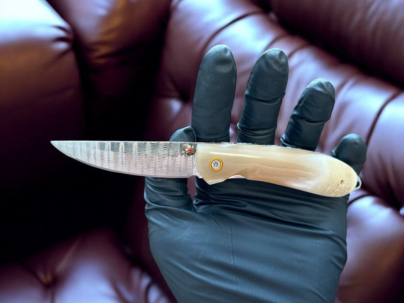 Handmade Damascus Steel Pocket Knife with Bone Handle
