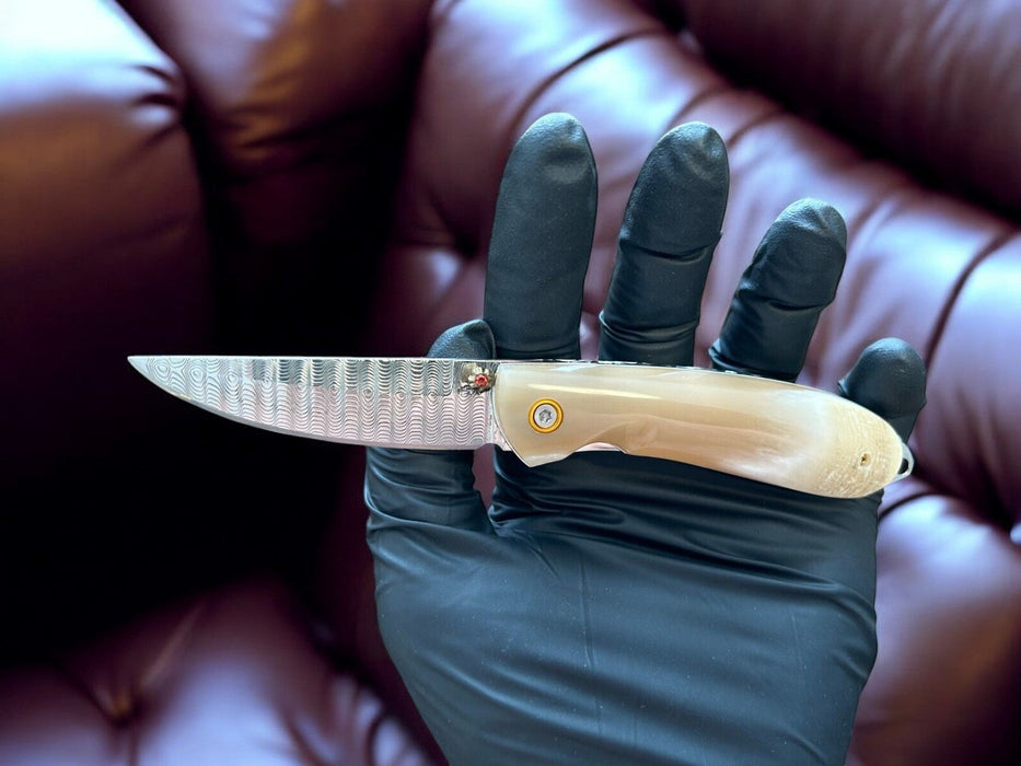 Handmade Damascus Steel Pocket Knife with Bone Handle