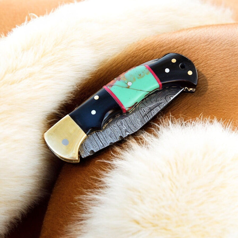 Custom Handmade Damascus Steel Pocket Knife with Brass Bolster