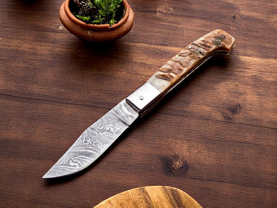 Horn Handle Damascus Folding Knife with Leather Case