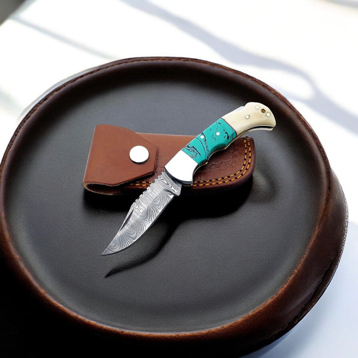 Damascus Pocket Knife - Resin & Bone Handle, 3" Blade
