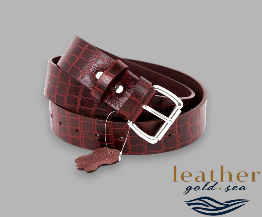 mens western belt buckle - Genuine Leather - Red & Brown