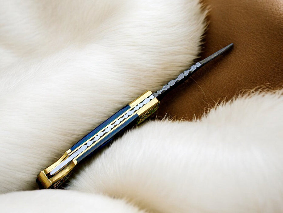 Exotic Blue Wood Damascus Pocket Knife | Back Lock