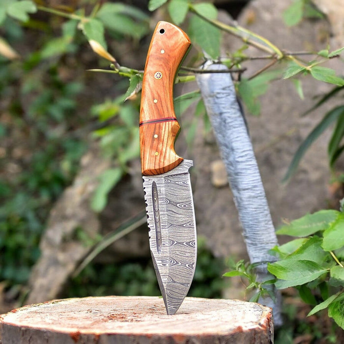 Custom Handmade Damascus Hunting Knife – Olive Wood Handle