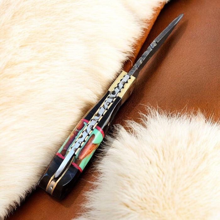 Custom Handmade Damascus Steel Pocket Knife with Brass Bolster