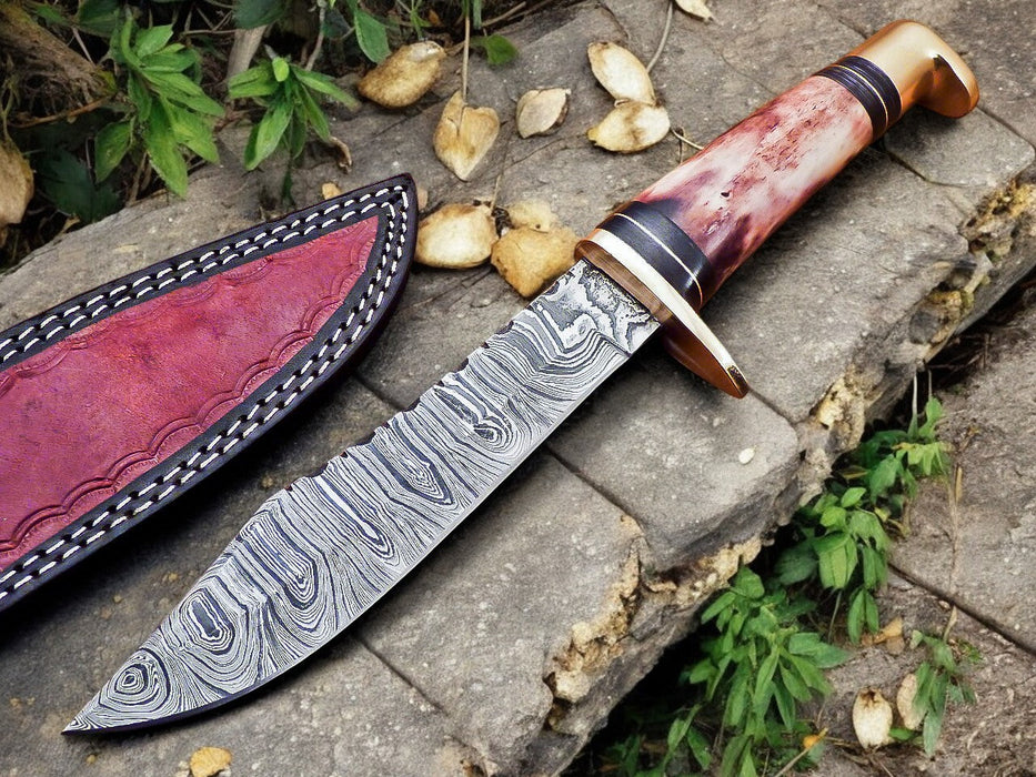 Handmade Damascus Hunting Knife – 12" with Bone Handle