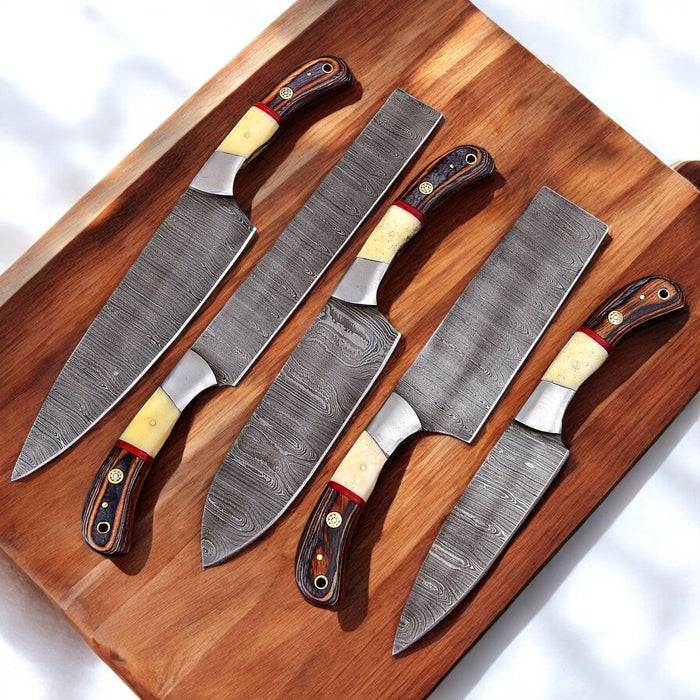 Handmade Damascus Steel Kitchen Knives Set with Leather Roll